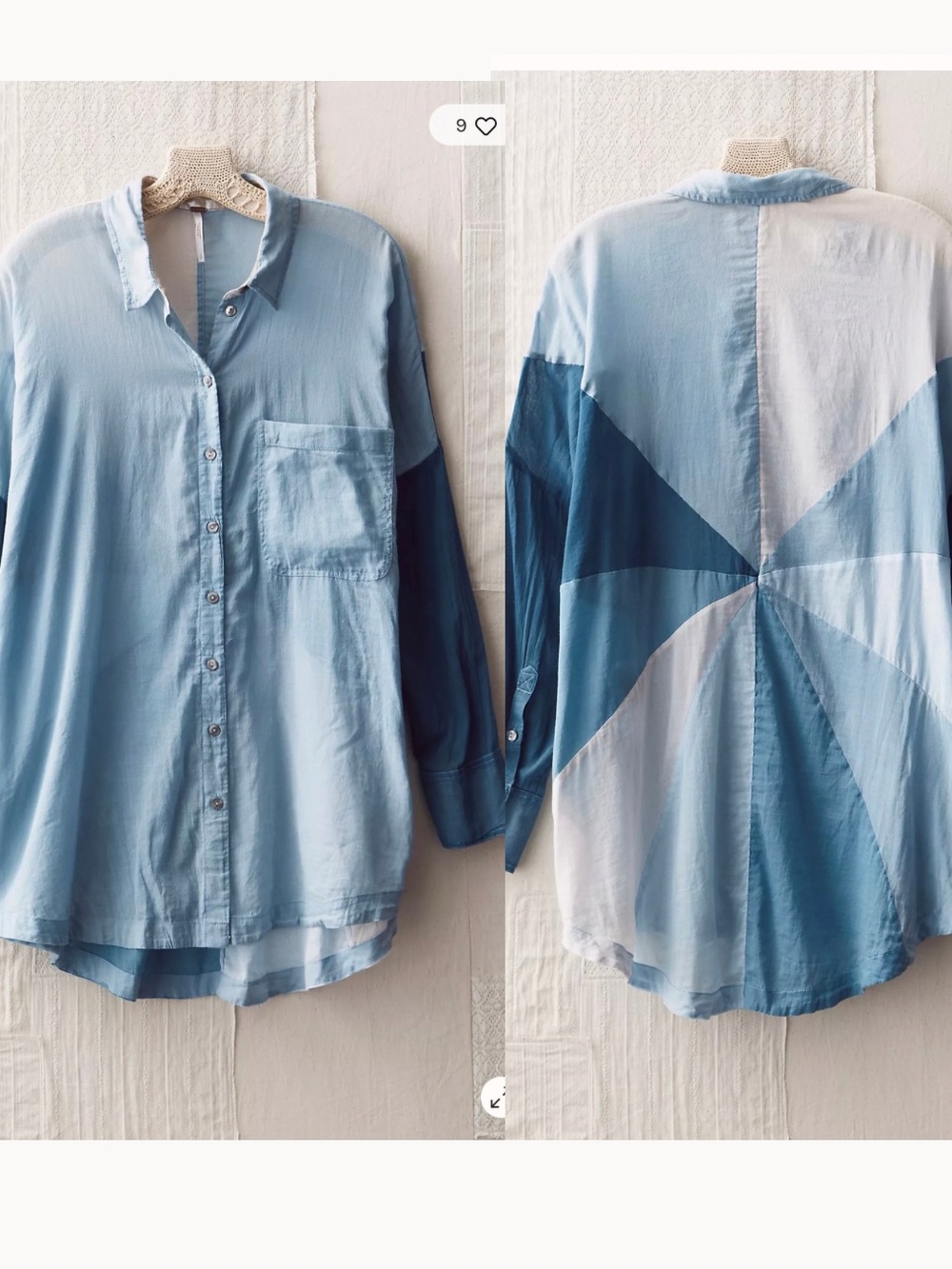 Free People Blue Patchwork Button Down Gauze Shirt Large Boho Oversized Cotton